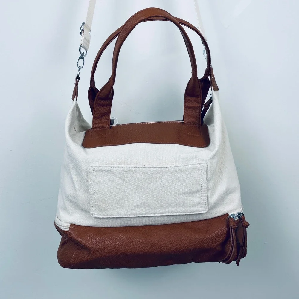 Graf‎ Lantz Canvas Leather Tote Bag Brown White Convertible Shoulder Bag NWT
